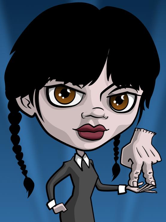 Caricature:Jenna Ortega, as Wednesday Addams. 20-year-old Jenna, who is